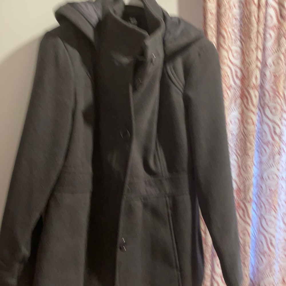 Grey hooded pea coat with black buttons